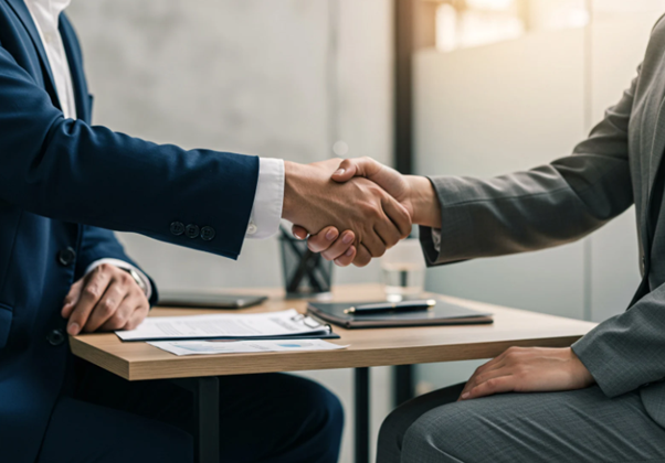 Business owners shaking hands during a deal discussion related to how a business is valued.