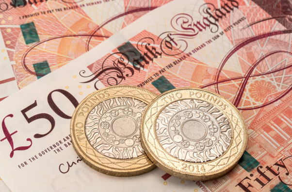 Two £2 coins placed on a £50 note representing financial comparison between cash basis and traditional accounting methods.