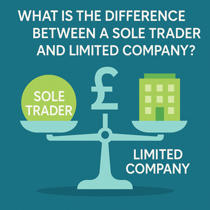 Teal graphic with a balance scale comparing “SOLE TRADER” on one side and “LIMITED COMPANY” on the other, under the heading “WHAT IS THE DIFFERENCE BETWEEN A SOLE TRADER AND LIMITED COMPANY?”.